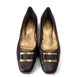 Andiamo Brown Leather Square Toe Court Block Heels